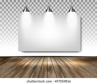 Grey room with three lights and wooden floor. Showroom concept. Vector.