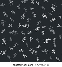 Icono de la veleta gris del clima aislado sin fisuras en fondo negro. Señal de la galletita. Gallo de Windvane. Ilustración vectorial