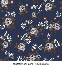 grey rose vector flowers with leaves pattern on navy background