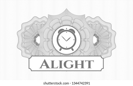 Grey rosette. Linear Illustration. with alarm clock icon and Alight text inside