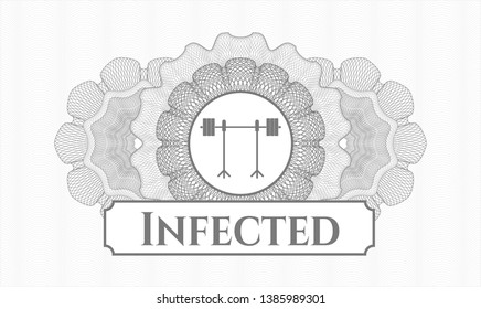 Grey rosette. Linear Illustration. with barbell on rack icon and Infected text inside