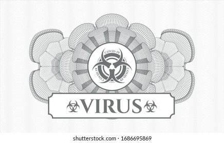 Grey rosette. Linear Illustration. with biohazard covid-19 icon and Virus text inside