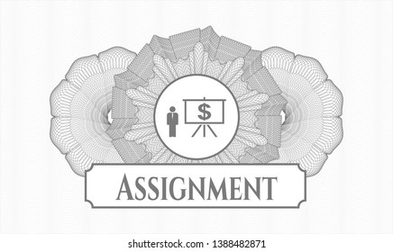 Grey rosette. Linear Illustration. with business presentation icon and Assignment text inside