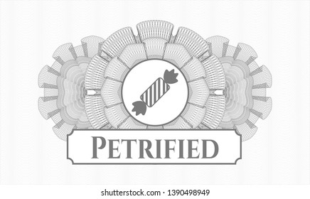 Grey rosette. Linear Illustration. with candy icon and Petrified text inside