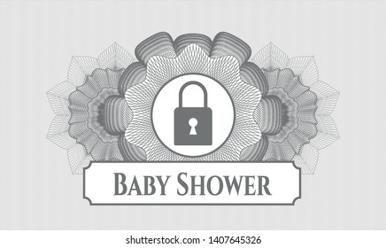 Grey rosette. Linear Illustration. with closed lock icon and Baby Shower text inside