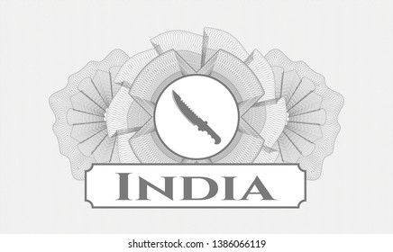 Grey rosette. Linear Illustration. with combat knife icon and India text inside