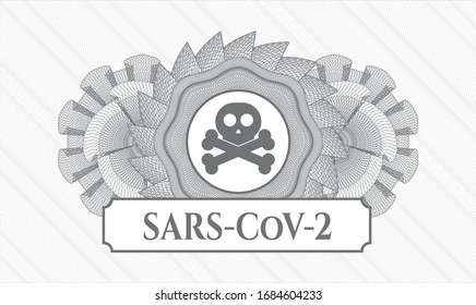 Grey rosette. Linear Illustration. with crossbones icon and SARS-CoV-2 text inside