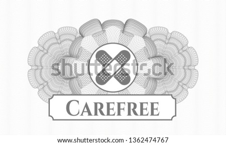 Grey rosette. Linear Illustration. with crossed bandage plaster icon and Carefree text inside