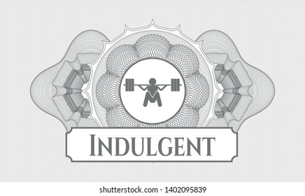 Grey rosette. Linear Illustration. with deep squat icon and Indulgent text inside