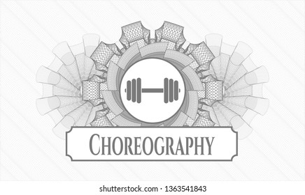 Grey rosette. Linear Illustration. with dumbbell icon and Choreography text inside