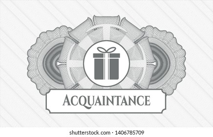 Grey rosette. Linear Illustration. with gift box icon and Acquaintance text inside