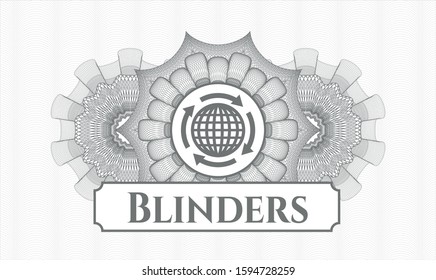 Grey rosette. Linear Illustration. with globalization icon and Blinders text inside
