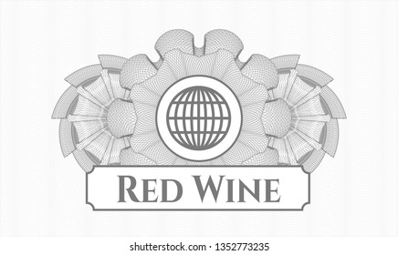 Grey rosette. Linear Illustration. with globe, website icon and Red Wine text inside