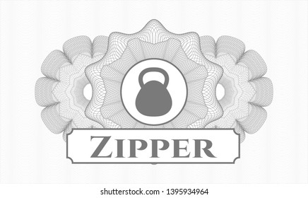 Grey rosette. Linear Illustration. with kettlebell icon and Zipper text inside