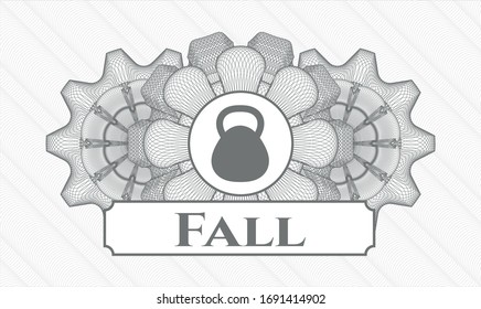 Rosette gris. Ilustración lineal. con el icono de kettlebell y texto de caída dentro