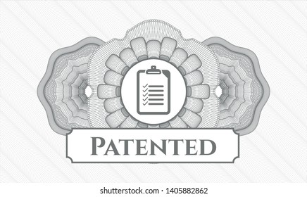 Grey rosette. Linear Illustration. with list icon and Patented text inside