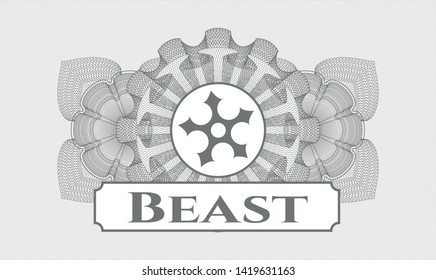 Grey rosette. Linear Illustration. with ninja star icon and Beast text inside