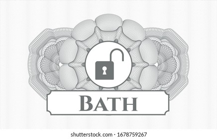 Rosette gris. Ilustración lineal. con icono de bloqueo abierto y texto de Bath dentro