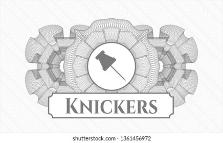 Grey rosette. Linear Illustration. with paper pin icon and Knickers text inside