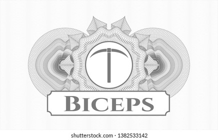 Grey rosette. Linear Illustration. with pickaxe icon and Biceps text inside