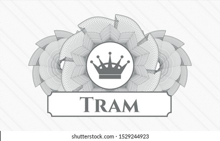 Grey rosette. Linear Illustration. with queen crown icon and Tram text inside