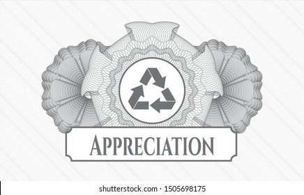 Grey rosette. Linear Illustration. with recycle icon and Appreciation text inside