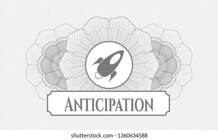 Grey rosette. Linear Illustration. with rocket icon and Anticipation text inside