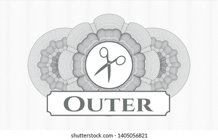 Grey rosette. Linear Illustration. with scissors icon and Outer text inside