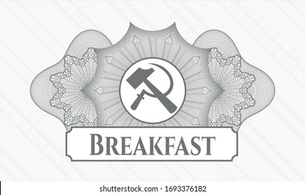 Rosette gris. Ilustración lineal. con ícono de hoz y martillo y texto de desayuno en el interior