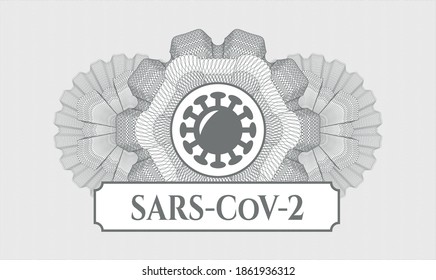 Grey rosette. Linear Illustration. Vector. Detailed with coronavirus icon and SARS-CoV-2 text inside