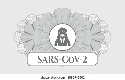 Grey rosette. Linear Illustration. Vector. Detailed with woman wearing face mask icon and SARS-CoV-2 text inside