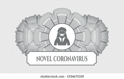 Grey rosette. Linear Illustration. Vector. Detailed with woman wearing face mask icon and Novel Coronavirus text inside
