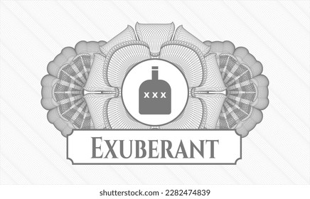 Grey rosette. Linear Illustration. Vector. Detailed with bottle of alcohol icon and Exuberant text inside