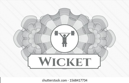 Grey rosette. Linear Illustration. with weightlifter girl icon and Wicket text inside