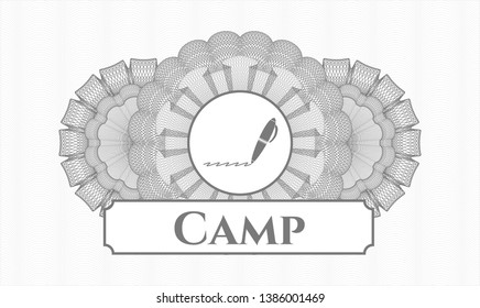 Grey rosette. Linear Illustration. with writer icon and Camp text inside
