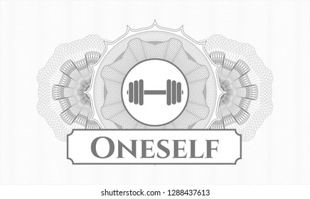 Grey rosette (money style emblem) with dumbbell icon and Oneself text inside