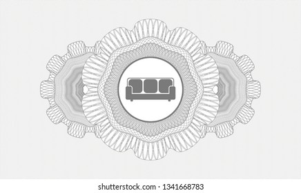 Grey rosette (money style emblem) with couch icon inside