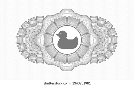 Grey rosette or money style emblem with rubber duck icon inside