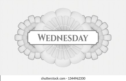 Grey rosette (money style emblem) with text Wednesday inside