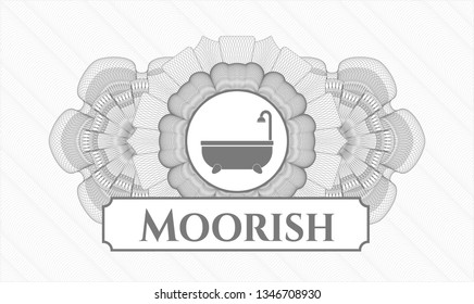 Grey rosette or money style emblem with bathtub icon and Moorish text inside