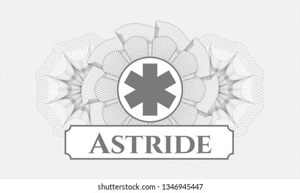 Grey rosette (money style emblem) with emergency cross icon and Astride text inside