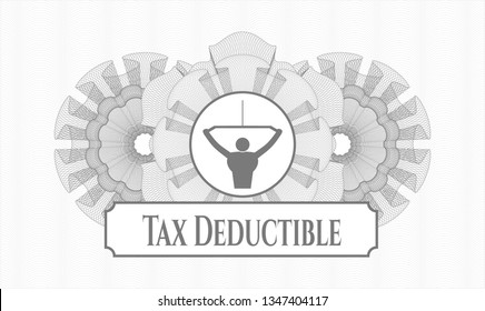 Grey rosette or money style emblem with lat pull down, exercise icon and Tax Deductible text inside