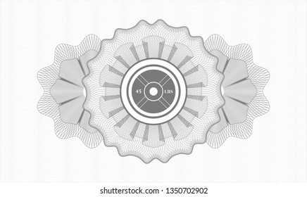 Grey rosette (money style emblem) with weightlifting or powerlifting plate (45 lbs) icon inside