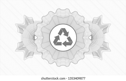 Grey rosette or money style emblem with recycle icon inside