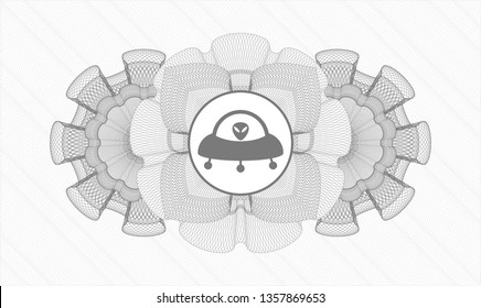 Grey rosette (money style emblem) with ufo with aline inside icon inside