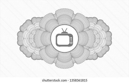 Grey rosette or money style emblem with old tv, television icon inside