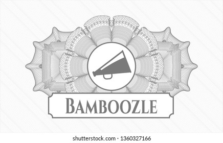 Grey rosette or money style emblem with megaphone icon and Bamboozle text inside