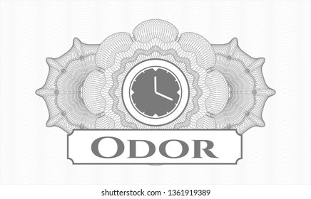 Grey rosette (money style emblem) with clock, time icon and Odor text inside