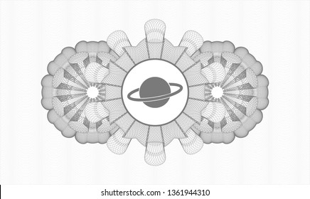 Grey rosette (money style emblem) with planet, saturn icon inside