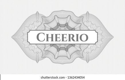 Grey rosette (money style emblem) with text Cheerio inside svg